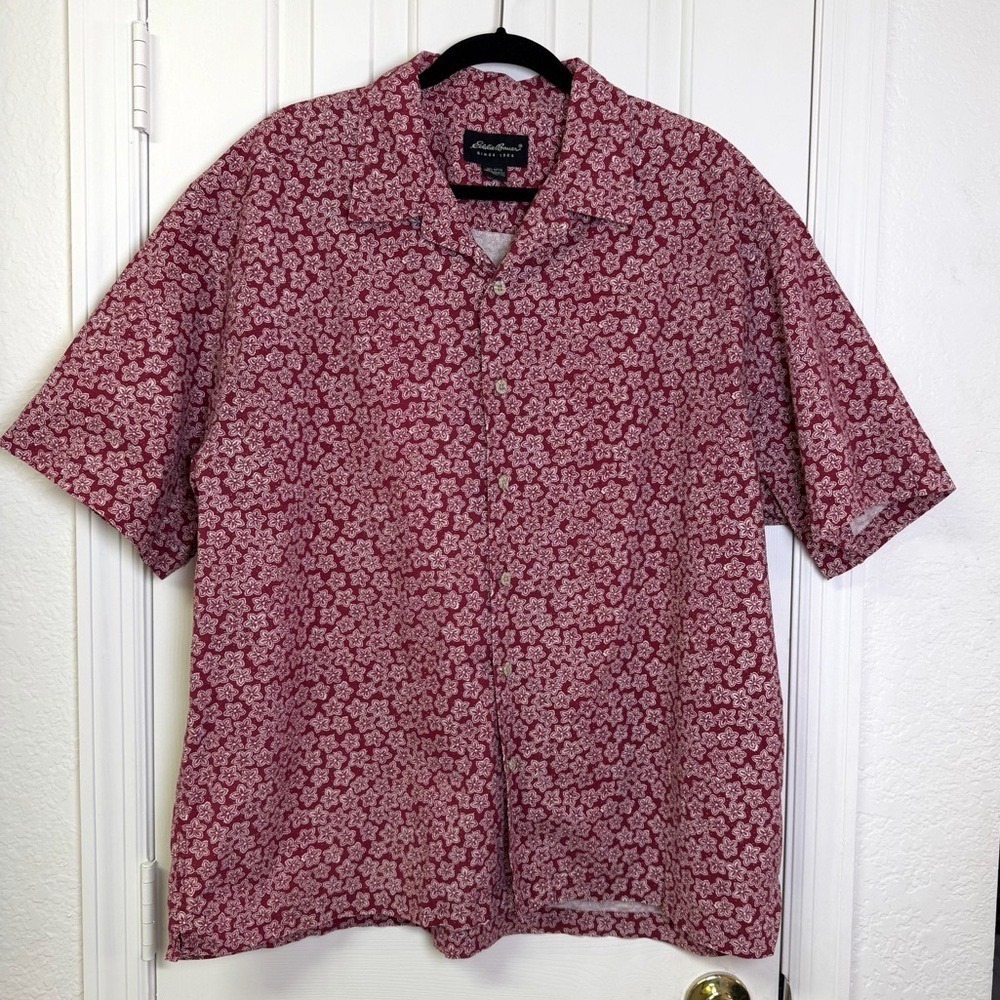 Eddie Bauer XL Hawaiian Camp Shirt Red Floral Cotton Tropical Button Up